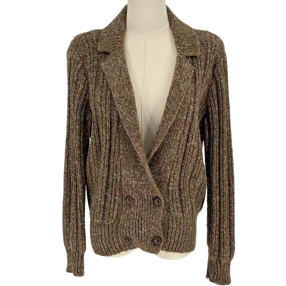 Vintage Joyce Cardigan‎ Brown Multi Double Breasted Ribbed Shoulder Pads